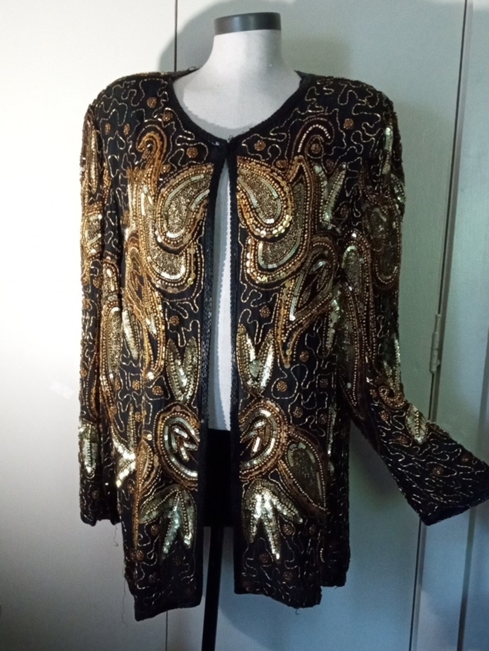 Jakelin Silk Plus Size Vintage Black with Sequin & Gold Beaded Evening Jacket 3X